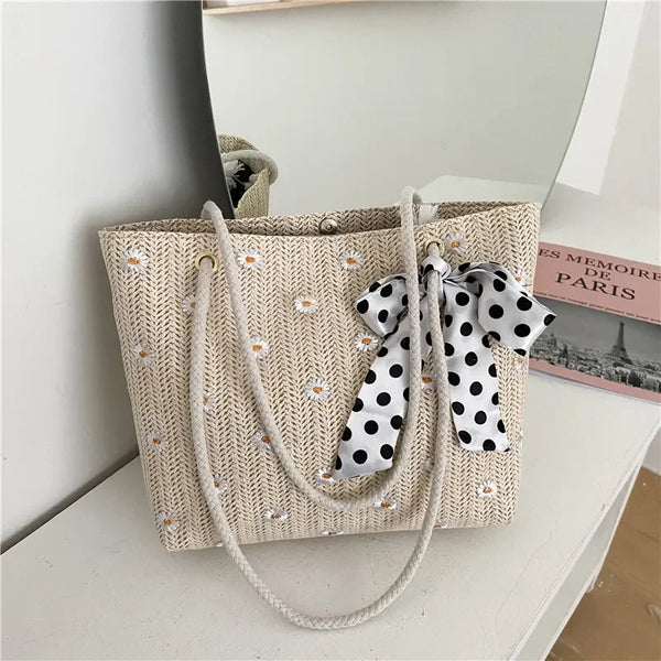 Bow-Tie Embroidery Daisy Shoulder Bag