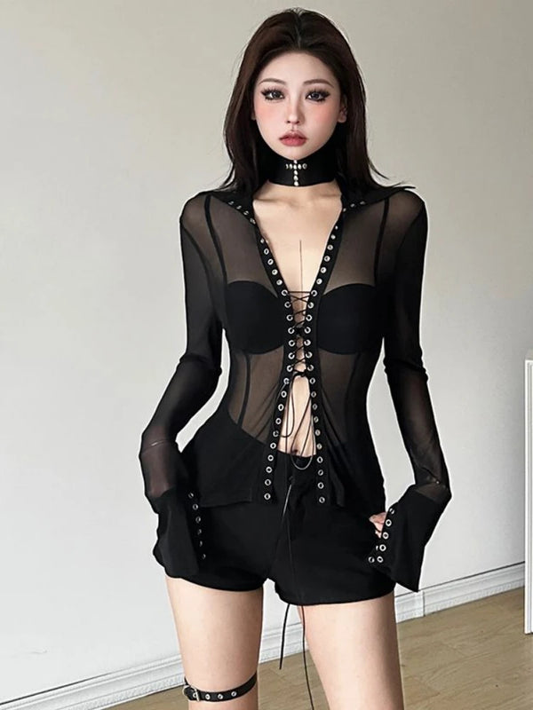 Sexy Vintage Patchwork Gauze Bodycon Shirt