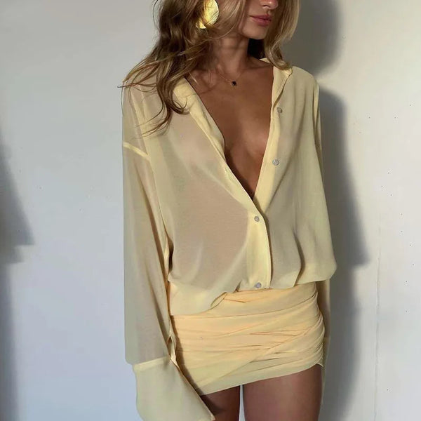 Shirt Style Flare Sleeve Mini Dress