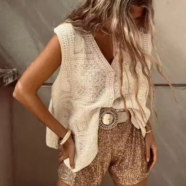 Casual Vacation Loose Solid Vintage Vest Crochet Handmade