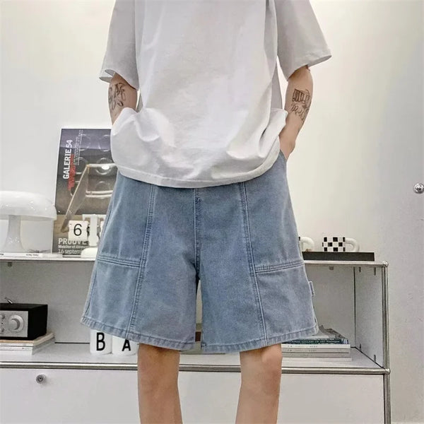 Retro Blue Casual Spliced Denim Shorts