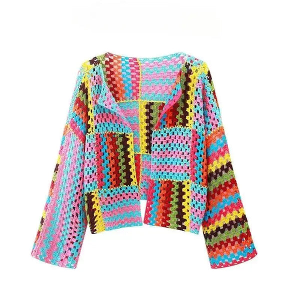 Vintage Colorful Crochet Knit Hollow Cardigan