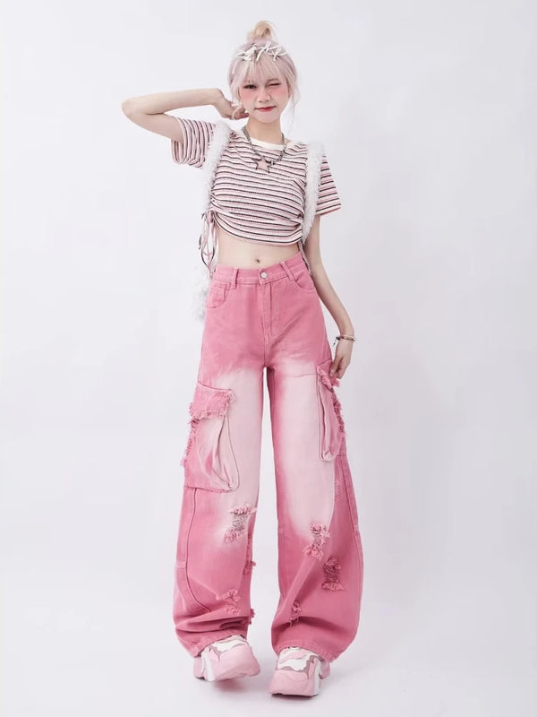 Soft Girl Distressed Cargo Jeans