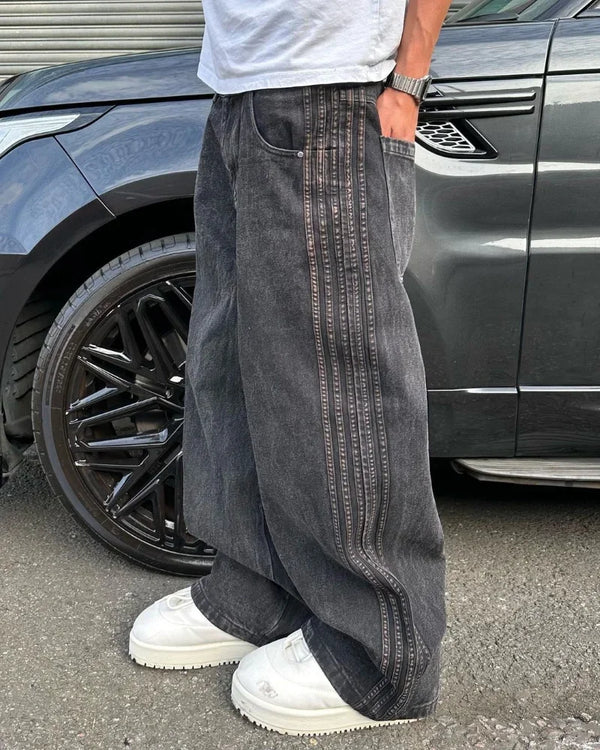 Black Vintage Patch Embroidered Baggy Jeans