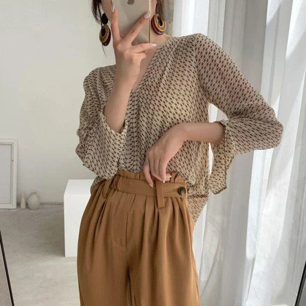 Elegant V-Neck Print Blouses Womens Shirt