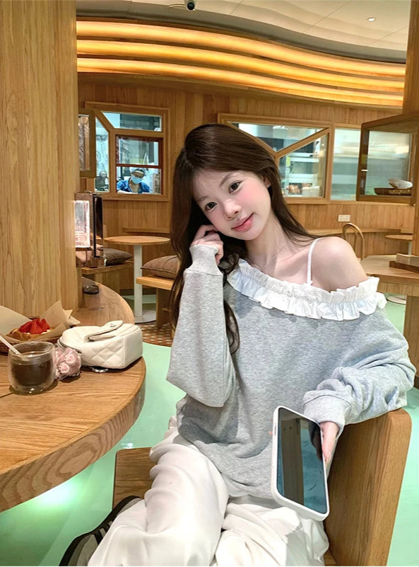 Grey Sexy Skew Collar Sweatshirts