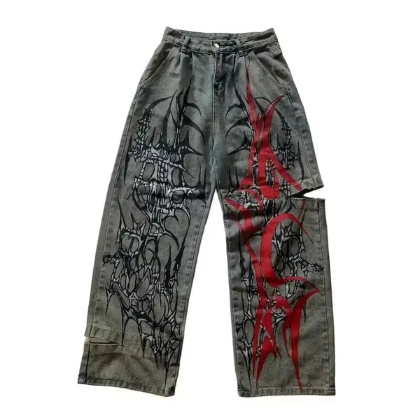 Retro Embroidery Gothic Red Jeans