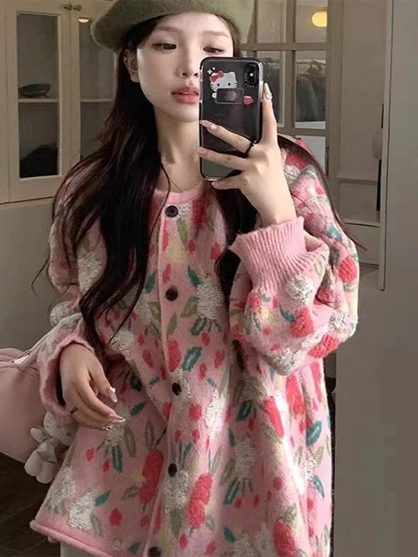 Model wearing the pink Floral Knit Buttoned Sweater