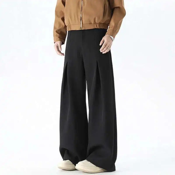 Solid Color Pleated Design Wide Pants