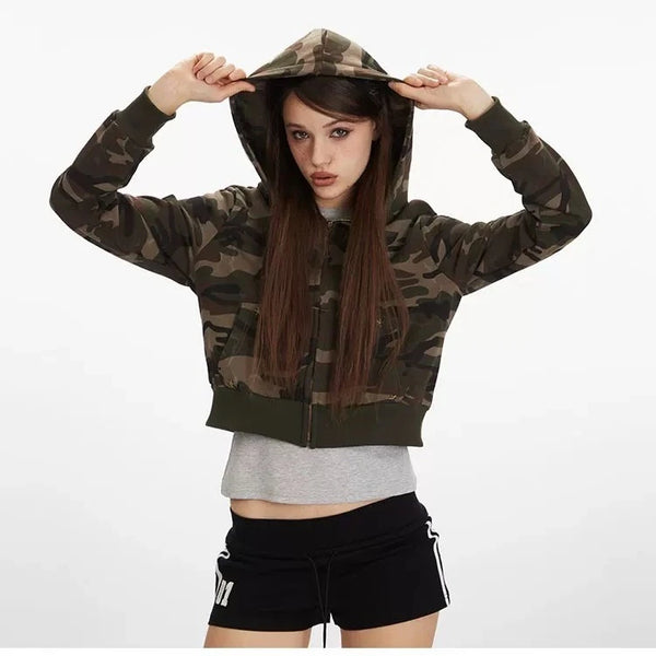 Army Green Camouflage Zipper Cropped Hoodie