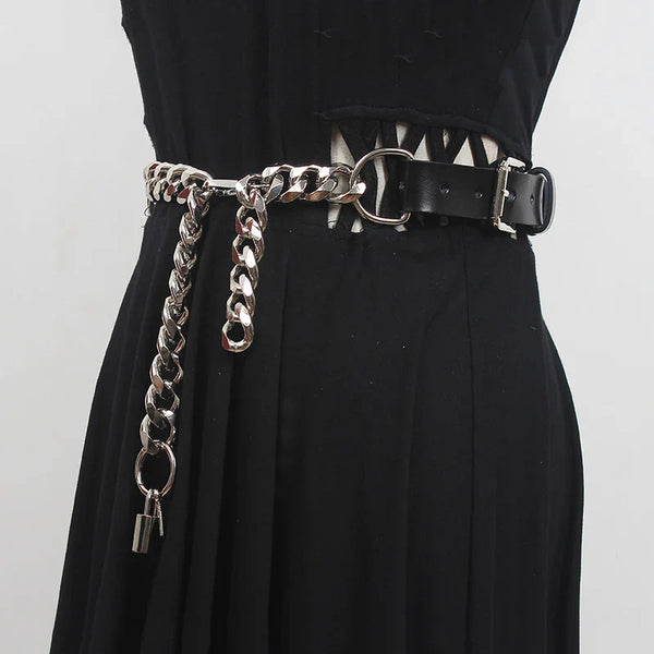 Model wearing the black Chain-Lock Leather Belt