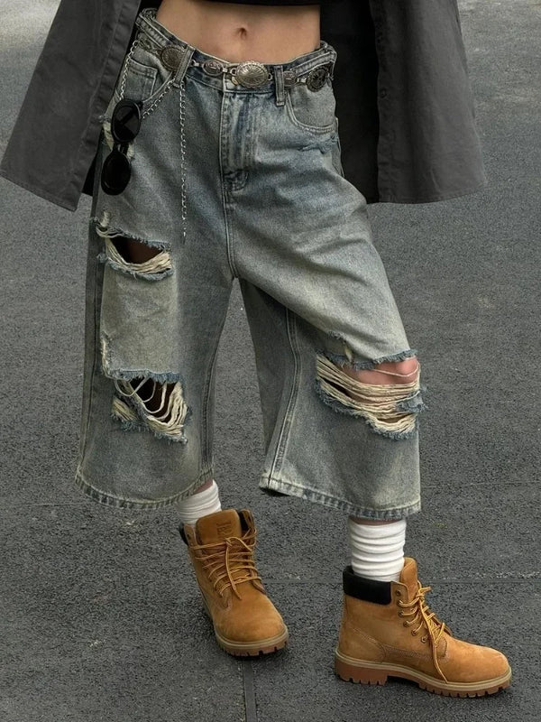 Vintage Blue Ripped Oversized Distressed Jeans