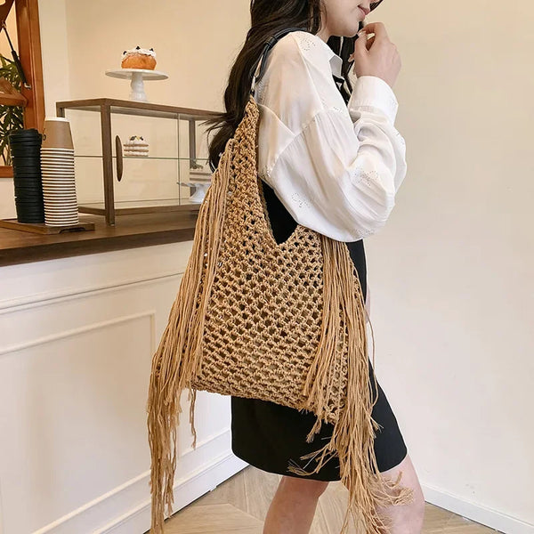 Hollow Out Knitted Tassel Shoulder Bag