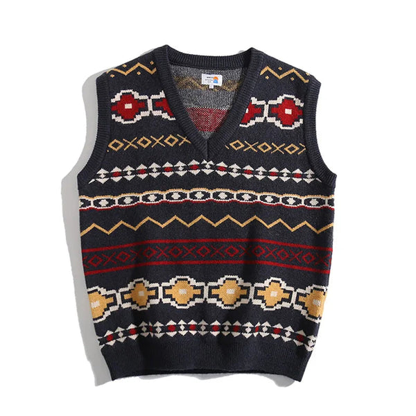 Vintage Jacquard V-Neck Pullover Sweater