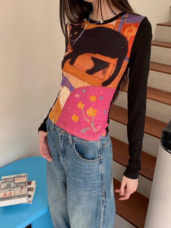 Funny Cat Graphic Long Sleeve Top
