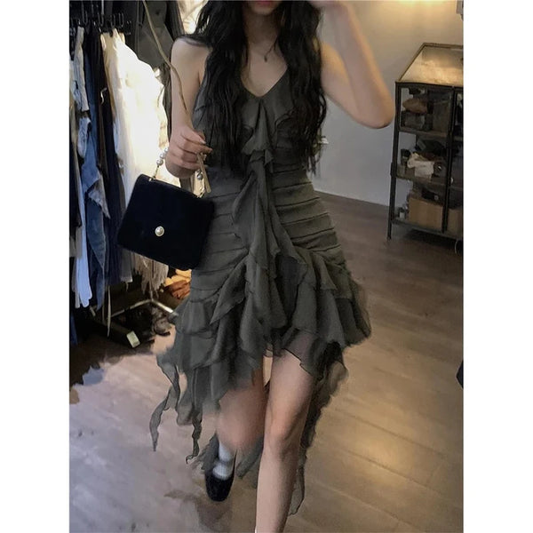 Gothic Ruffles Irregular Dress Women Mini