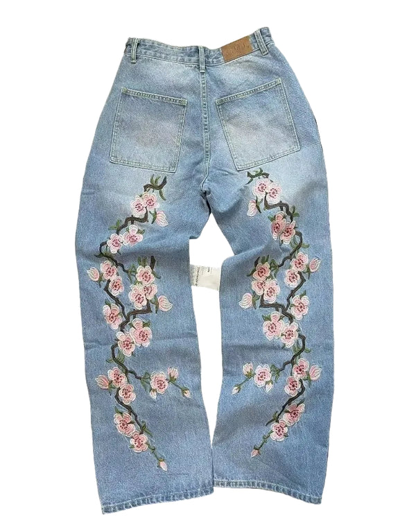 Embroidered Vintage Cherry Blossom Wide Jeans