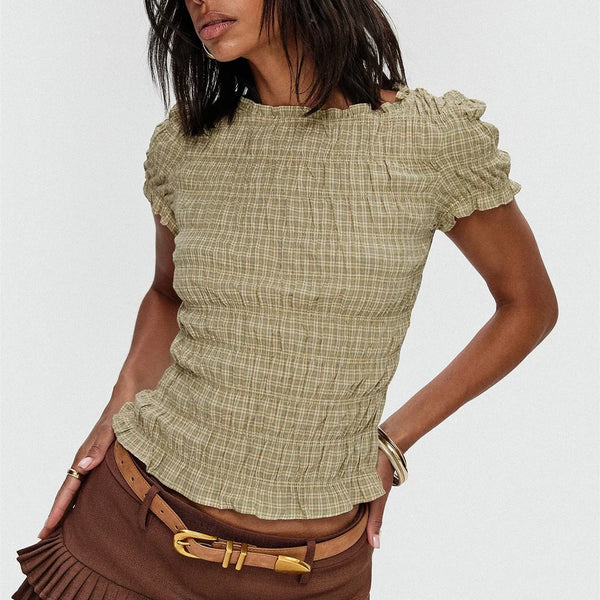 Y2K Trim Plaid Shirred Sleeve T-shirt