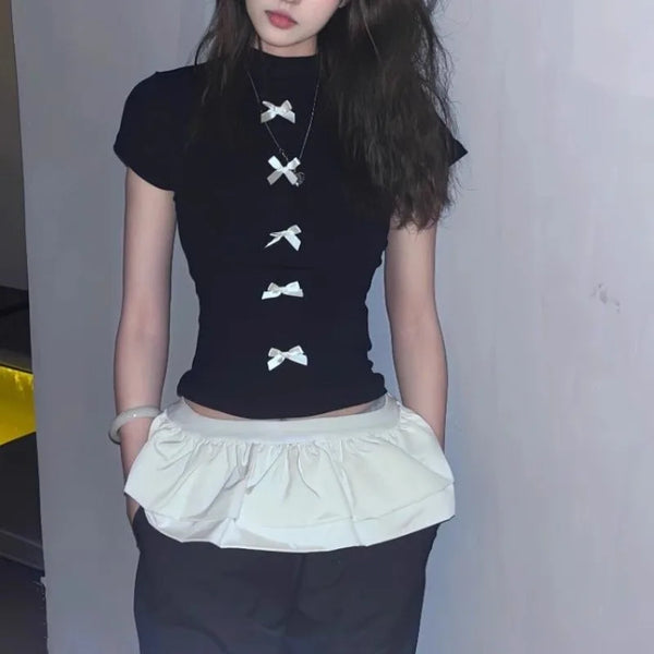 Bright Line Decoration Bow Slim T-Shirt
