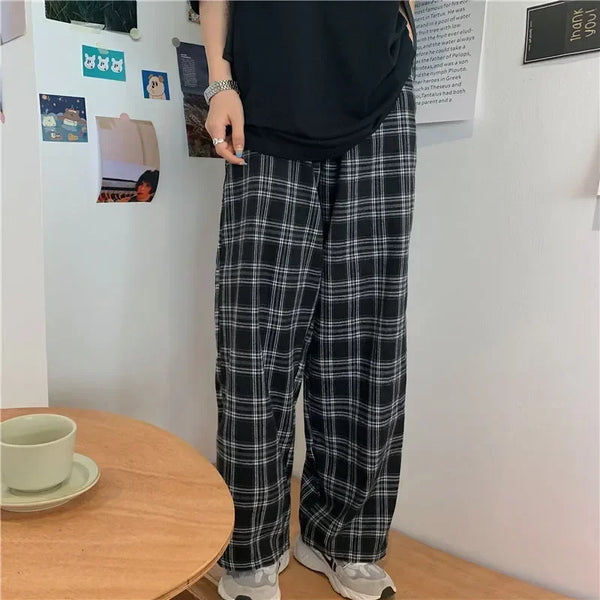 Vintage Casual Plaid Straight Pants