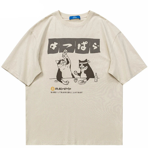 Funny Japanese Cartoon Drinking Cat T-Shirt