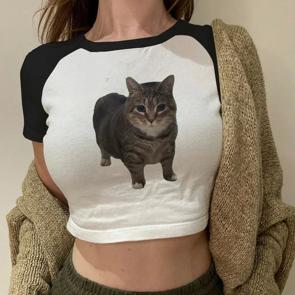 Camiseta básica informal blanca con estampado de gato