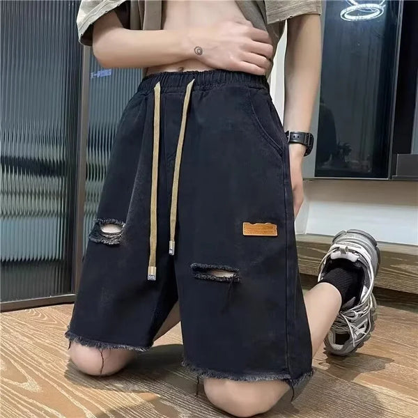 Blue Vintage Ripped Denim Drawstring Shorts