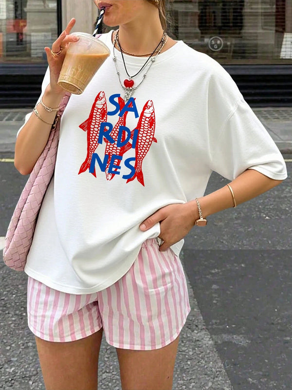 Colorful Cartoon Sardine Print Short T-Shirt