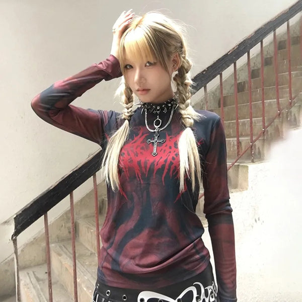 Gothic Tattoo Print Mesh T-Shirt