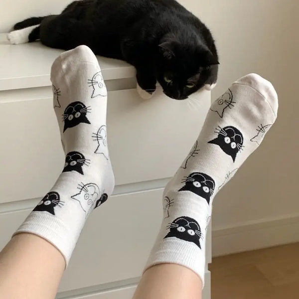 Calcetines de algodón con diseño de gato de dibujos animados para mujer