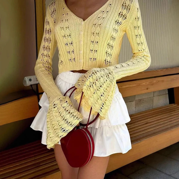 Y2KHollow Knitted Cardigan Women's Solid Long Sleeve