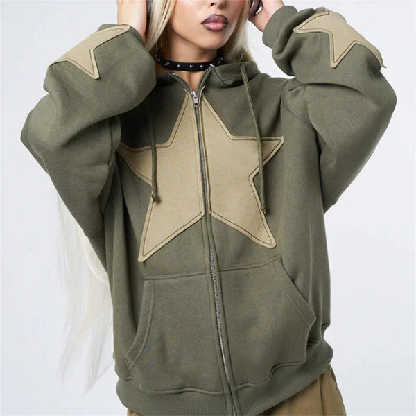 Star Patchwork Zip-Up Graphic Hoodie Shirt