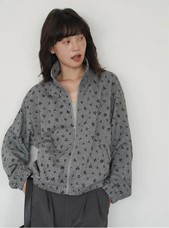 Floral Zip Up Gray Sweatshirt