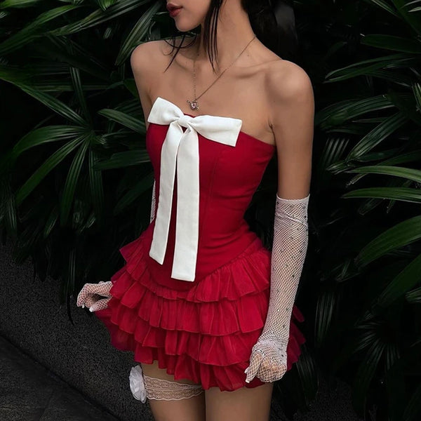 Coquette Red Strapless Bow Set
