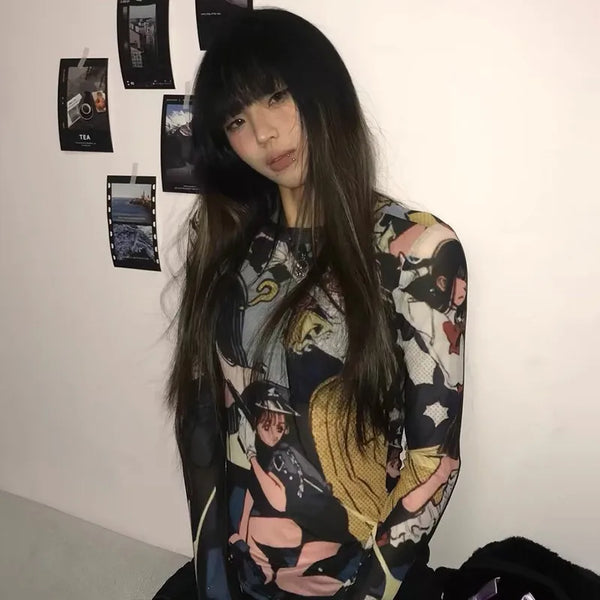 Sheer Japanese Anime Print T-Shirt