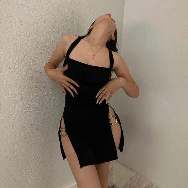 Baddie Solid Color Metal Buckle Mini Dress