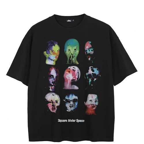 Black t-shirt with colorful graphic design on a white background