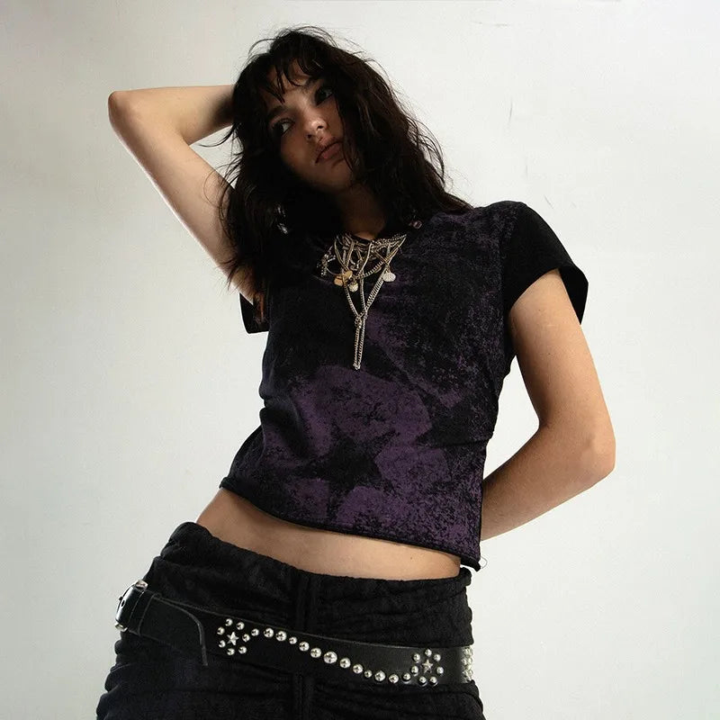 Model wearing the black purple Graphic Short-Sleeve T-Shirt 