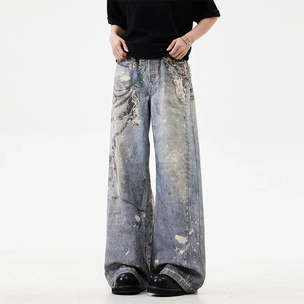 3D Chain Printed Baggy Straight Jeans