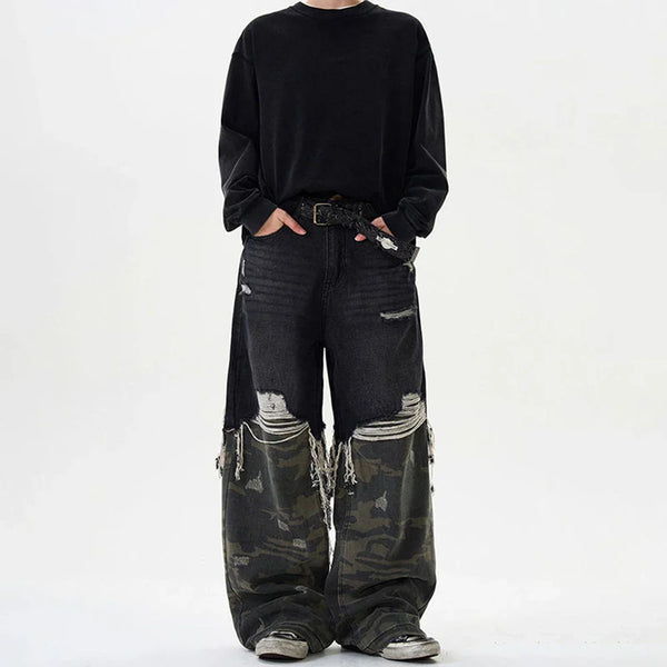 Y2K Camouflage Stitched Baggy Ripped Jeans