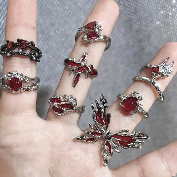 Y2K Adjustable Crystal Red Rings