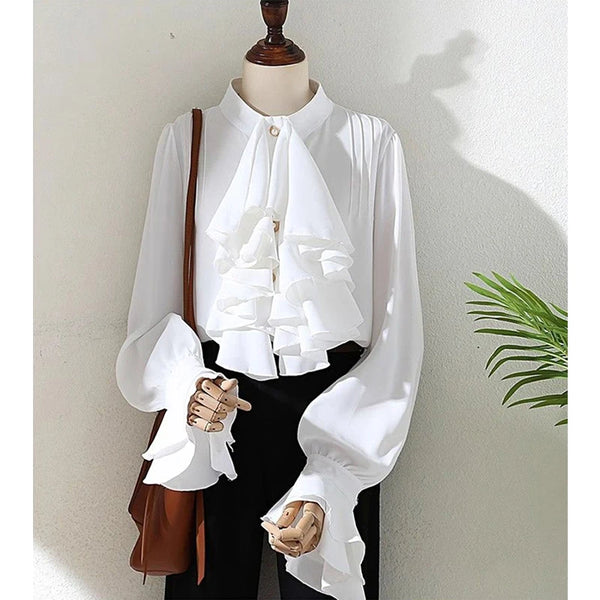 Elegant White Ruffles Flare Sleeve Shirt