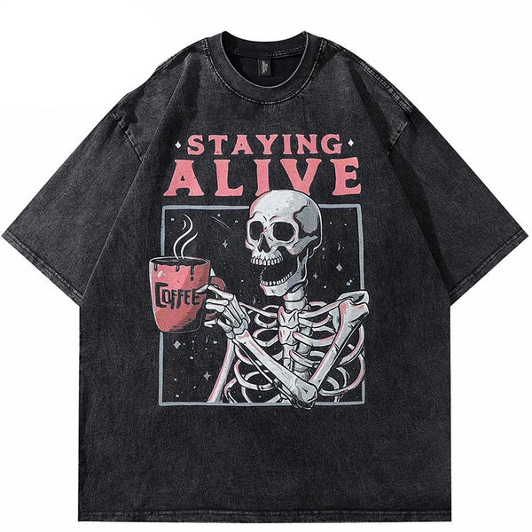 Camiseta oversize retro lavada con calavera negra
