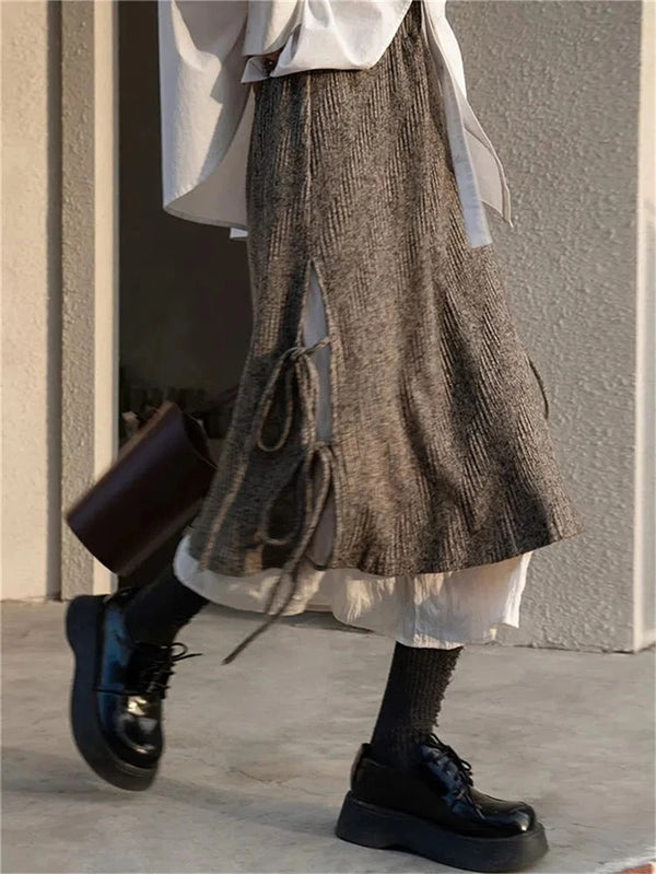 Vintage French Lace-Up Irregular Midi Skirt