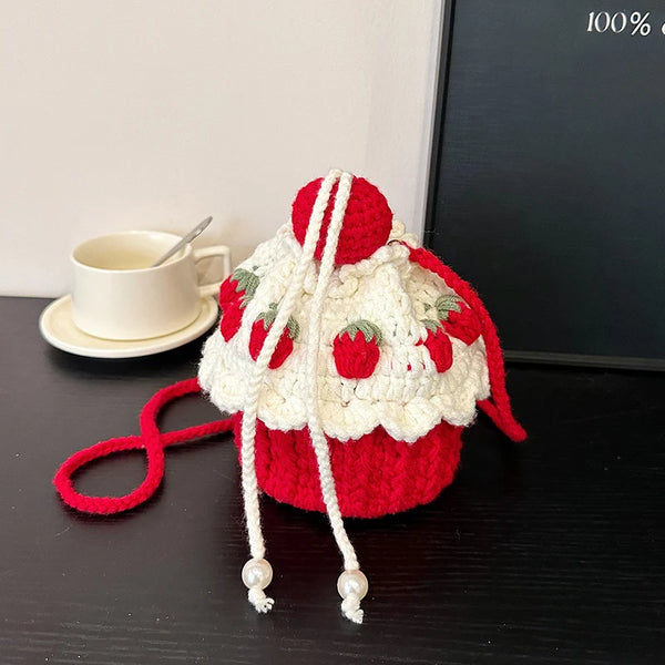 Cute Strawberry Cake Knitted Crochet Shoulder Bag