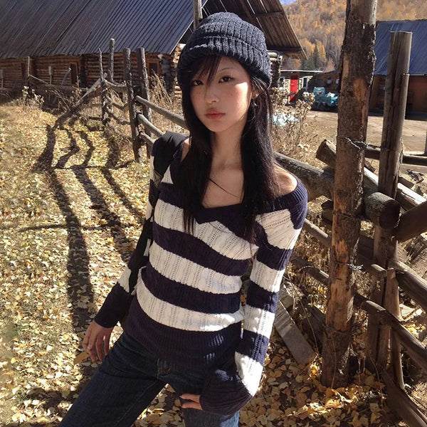Vintage Striped V-Neck Sweater