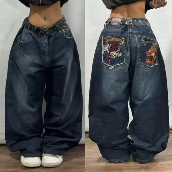 Embroidered Loose Wide Leg Mopping Jeans