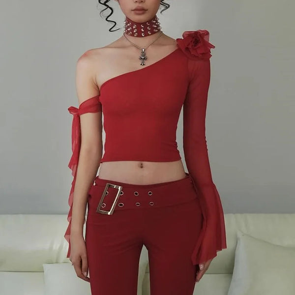 Baddie Rose Asymmetric Off Shoulder Top