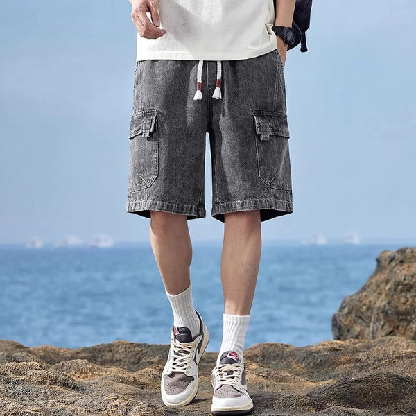 Vintage Blue Cargo Denim Drawstring Shorts