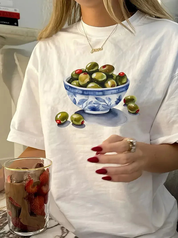 Vintage Geometric Olive Print Summer T-Shirt